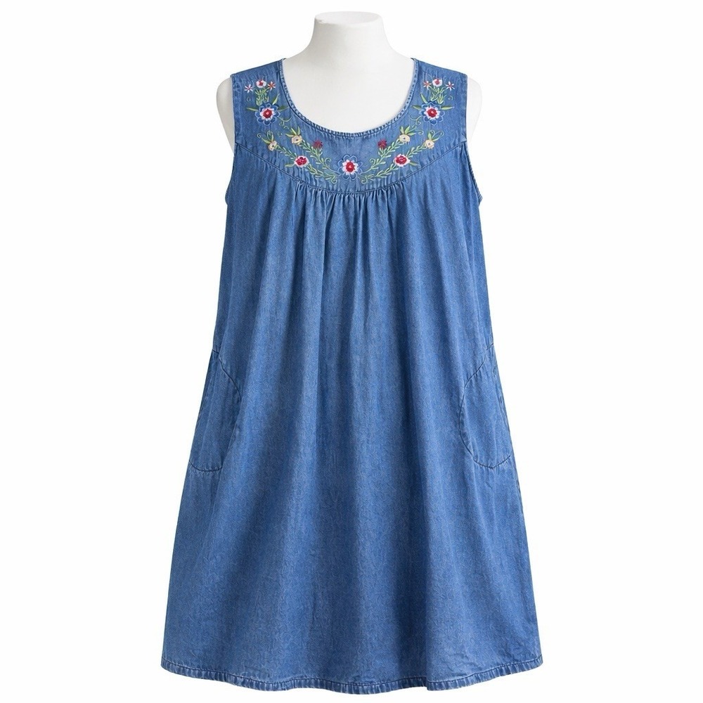 The Vermont Country Store Women Denim Dress XL 1X Embroidered Floral Blue Cotton